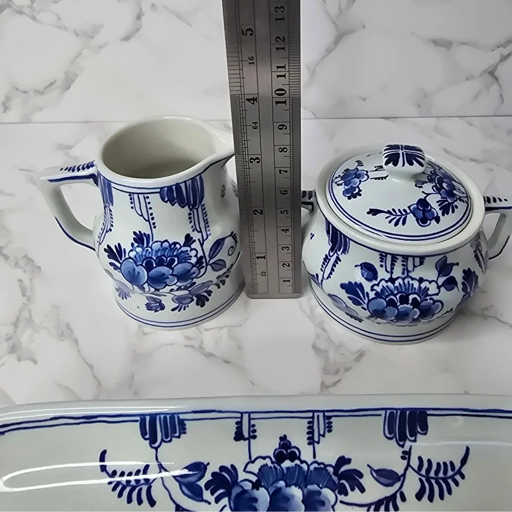 Vintage 1961 Royal Delft Porceleyne Fles Hand Painted Creamer Sugar Tray Set